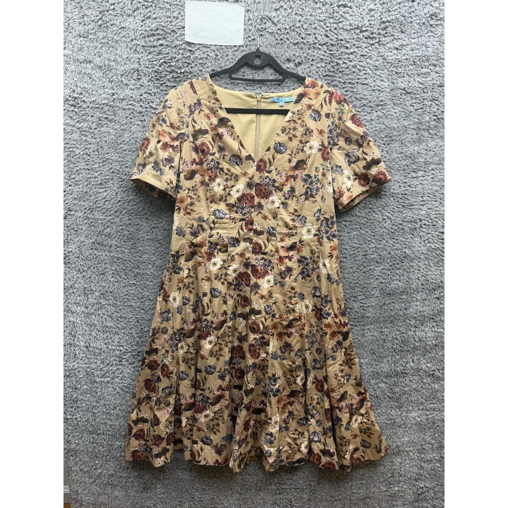 Antonio Melani Floral V-Neck A-Line Midi Dress Khaki Multi Womens Size 16